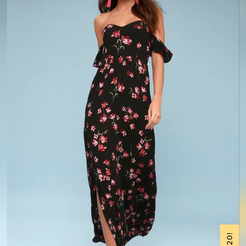 Kiss and Petal Black Floral Print Off-the-Shoulder Maxi Dress